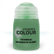 A squat green paint pot with a pale translucent green cap is shown upright against a white background. Its label reads “CITADEL COLOUR” and “TECHNICAL HEXWRAITH FLAME.”