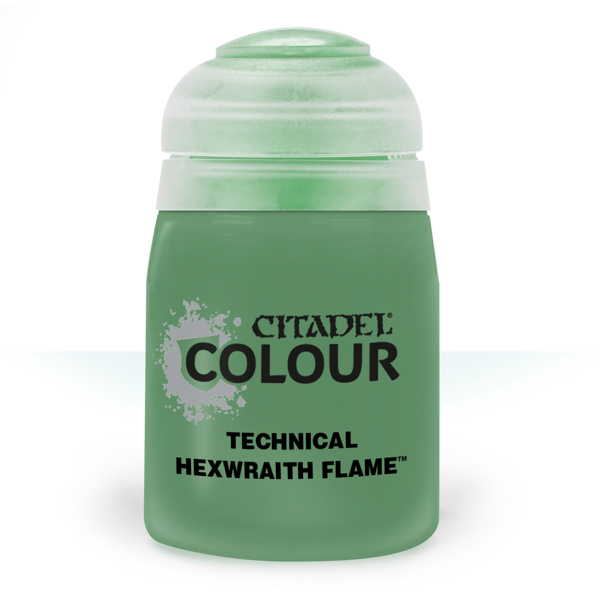 A squat green paint pot with a pale translucent green cap is shown upright against a white background. Its label reads “CITADEL COLOUR” and “TECHNICAL HEXWRAITH FLAME.”
