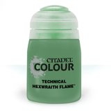 A squat green paint pot with a pale translucent green cap is shown upright against a white background. Its label reads “CITADEL COLOUR” and “TECHNICAL HEXWRAITH FLAME.”