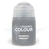 A squat gray bottle with a large white cap stands alone against a white background. Its front label reads “CITADEL COLOUR” and “TECHNICAL ‘ARDCOAT” in white lettering.