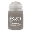 A squat, gray-brown paint pot with a large white cap stands against a black background. Its front label reads “CITADEL COLOUR” and “TECHNICAL AGRELLAN EARTH.”