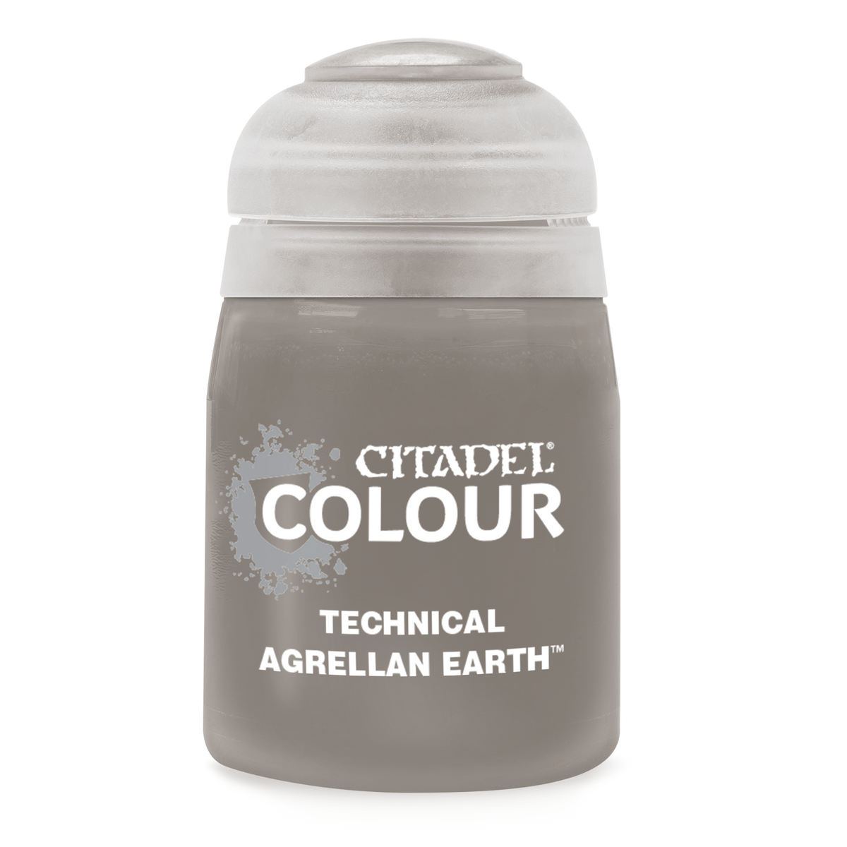 A squat, gray-brown paint pot with a large white cap stands against a black background. Its front label reads “CITADEL COLOUR” and “TECHNICAL AGRELLAN EARTH.”