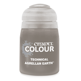 A squat, gray-brown paint pot with a large white cap stands against a black background. Its front label reads “CITADEL COLOUR” and “TECHNICAL AGRELLAN EARTH.”