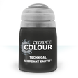 A squat black Citadel paint pot with a wide translucent gray cap, shown upright against a white background. Its label reads “CITADEL COLOUR” and “TECHNICAL MORDANT EARTH.”