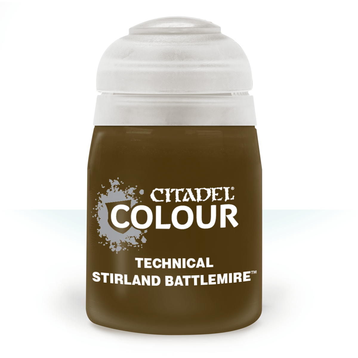 A squat, rounded pot of dark olive-brown technical paint with a large white cap, shown upright against a plain white background. Its label reads “CITADEL COLOUR,” “TECHNICAL” and “STIRLAND BATTLEMIRE.”