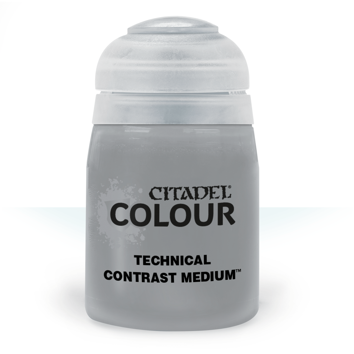A squat gray Citadel paint-medium bottle with a wide white screw cap, shown upright against a white background. Its front label reads “CITADEL COLOUR” and “TECHNICAL CONTRAST MEDIUM.”