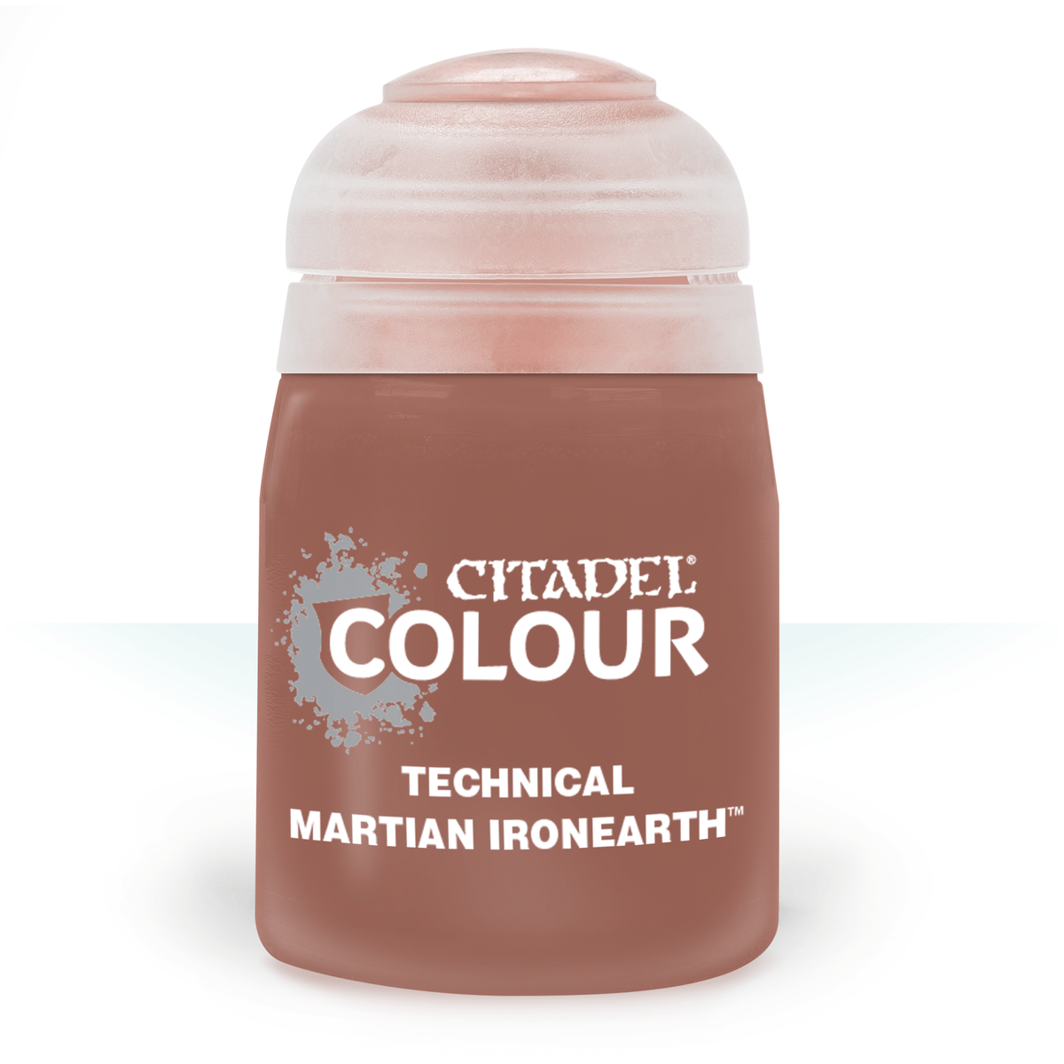 A squat, rounded pot of reddish-brown Citadel paint stands upright against a white background, with a pale translucent cap. The label reads “CITADEL COLOUR” and “TECHNICAL MARTIAN IRONEARTH.”