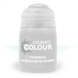 A squat, pale gray plastic paint pot with a rounded screw cap stands upright against a white background. Its label has a gray splatter graphic and the white text “CITADEL COLOUR,” “TECHNICAL,” and “VALHALLAN BLIZZARD.”