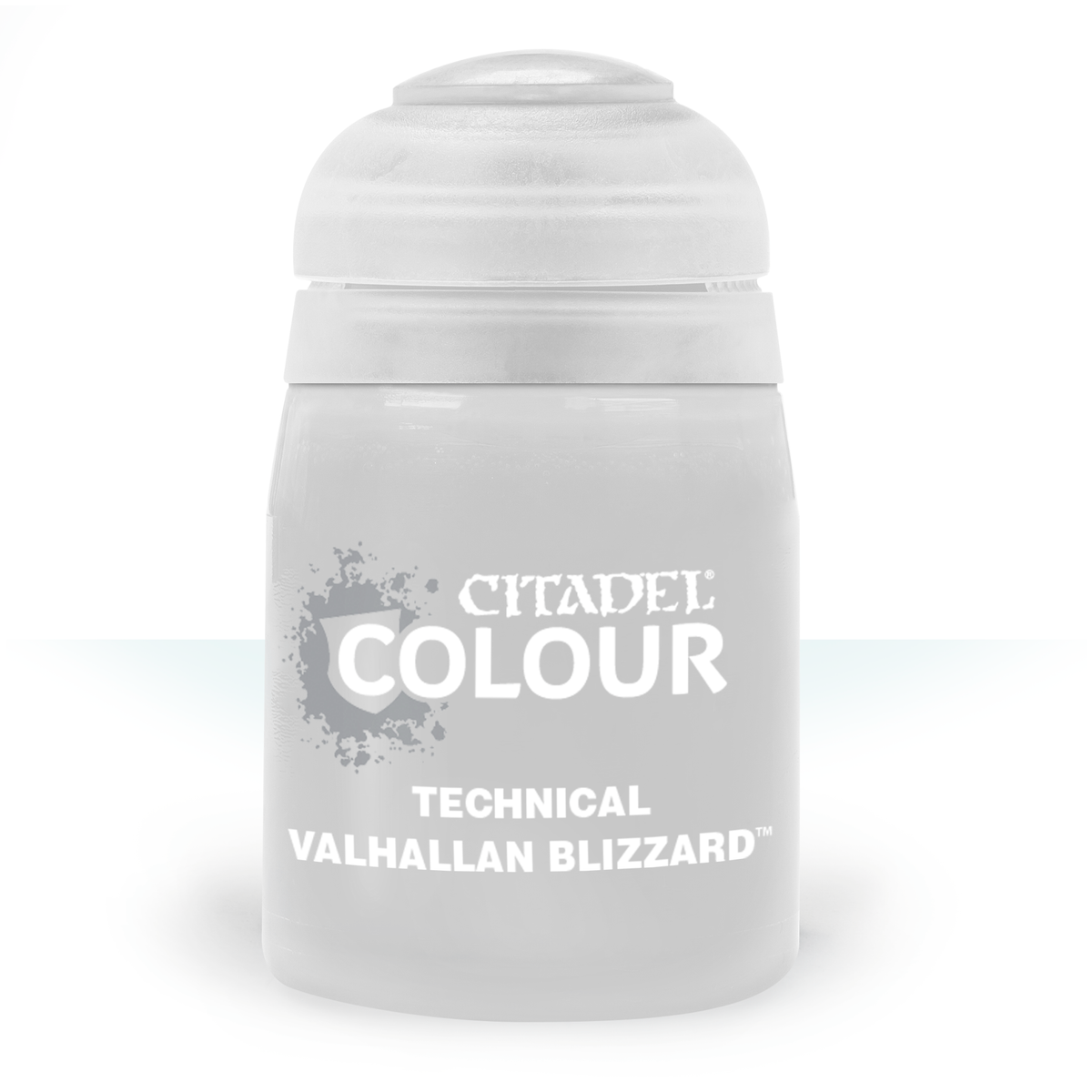 A squat, pale gray plastic paint pot with a rounded screw cap stands upright against a white background. Its label has a gray splatter graphic and the white text “CITADEL COLOUR,” “TECHNICAL,” and “VALHALLAN BLIZZARD.”