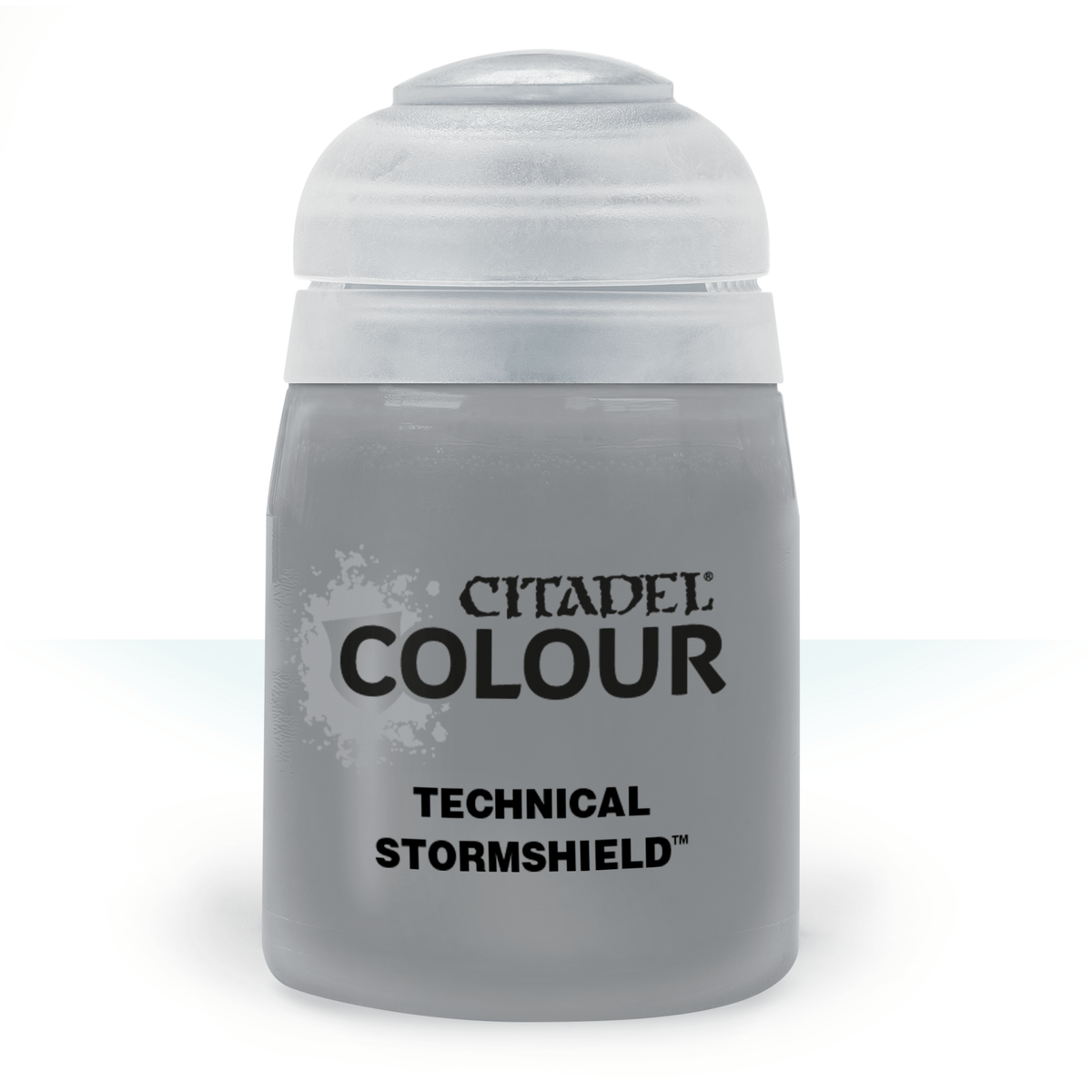 A squat, translucent gray paint pot with a wide white flip-top lid is shown upright against a white background. Its front label reads “CITADEL COLOUR” and “TECHNICAL STORMSHIELD.”