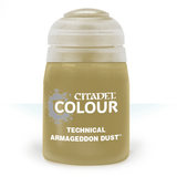 A squat, rounded paint pot filled with muted tan-olive paint has a large white cap and a white label reading “CITADEL COLOUR” and “TECHNICAL ARMAGEDDON DUST.”