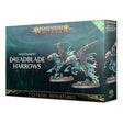Box for two fantasy miniatures, with two pale blue-green ghostly riders on skeletal horses pictured on a dark teal front; the narrow side repeats the artwork. Text reads “WARHAMMER AGE OF SIGMAR,” “NIGHTHAUNT DREADBLADE HARROWS” and “2 CITADEL MINIATURES.”