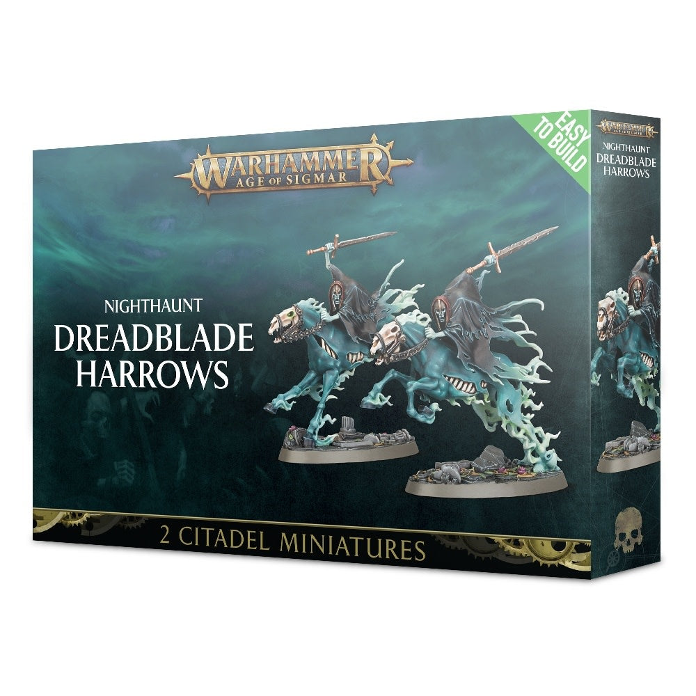 Box for two fantasy miniatures, with two pale blue-green ghostly riders on skeletal horses pictured on a dark teal front; the narrow side repeats the artwork. Text reads “WARHAMMER AGE OF SIGMAR,” “NIGHTHAUNT DREADBLADE HARROWS” and “2 CITADEL MINIATURES.”