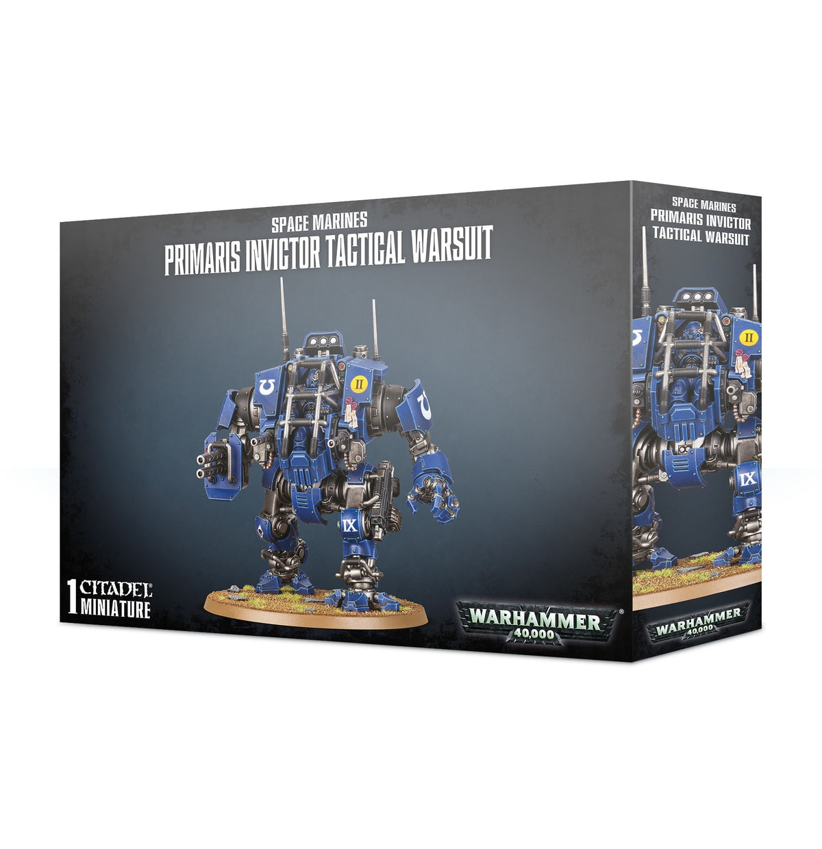 Box for a Primaris Invictor Tactical Warsuit miniature, shown from the front and right side. The artwork depicts a blue armored mech on a base against a dark gray background, with the text “SPACE MARINES” and “PRIMARIS INVICTOR TACTICAL WARSUIT.”