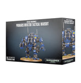 Box for a Primaris Invictor Tactical Warsuit miniature, shown from the front and right side. The artwork depicts a blue armored mech on a base against a dark gray background, with the text “SPACE MARINES” and “PRIMARIS INVICTOR TACTICAL WARSUIT.”