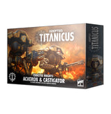 Box for Adeptus Titanicus miniatures, shown with the illustrated front and right side. The front depicts two dark bronze armored war machines amid orange flames and reads “ADEPTUS TITANICUS” and “CERASTUS KNIGHTS ACHERON & CASTIGATOR”; the side repeats the game logo and artwork.