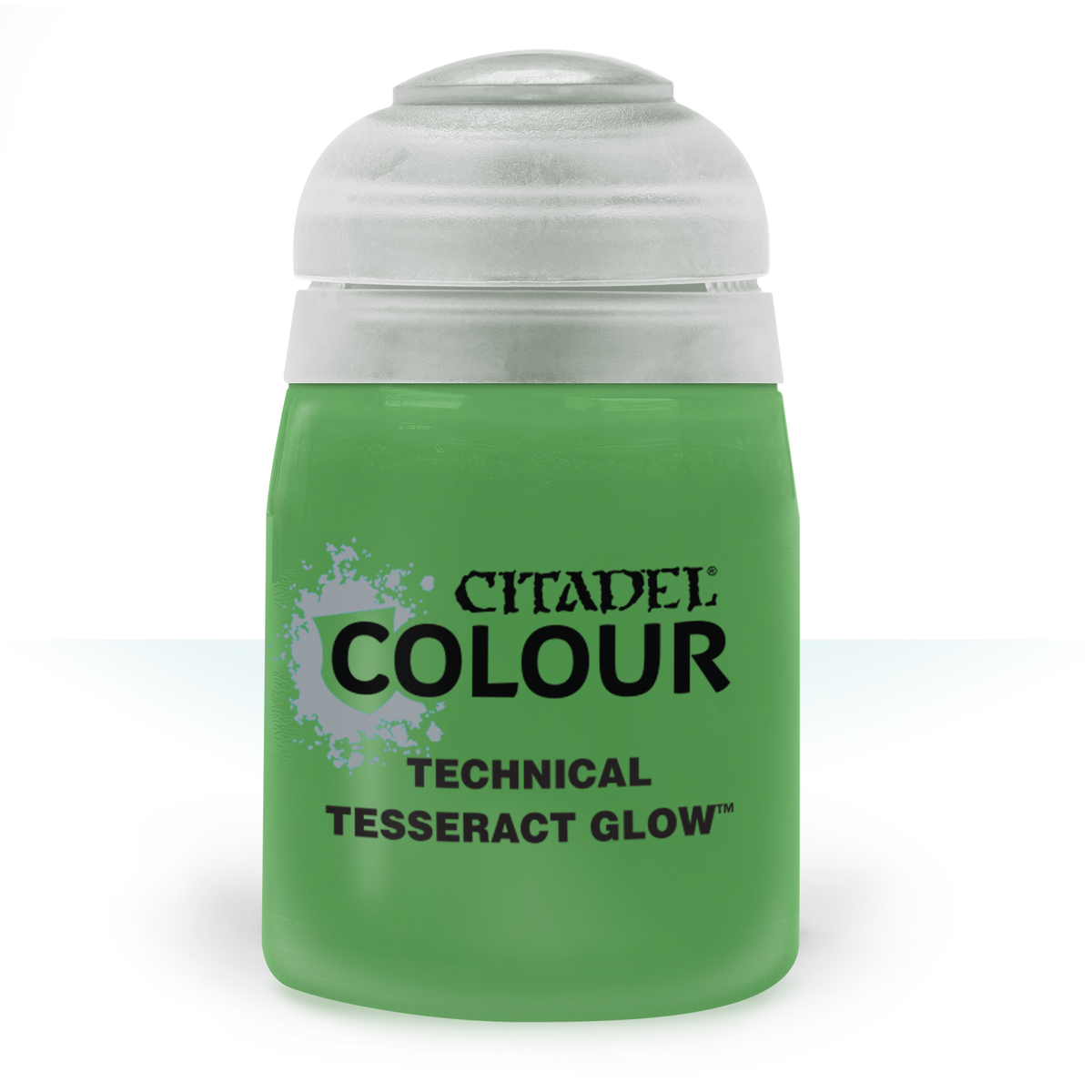 A squat green paint pot with a wide white cap, shown upright against a white background. Its black label reads “CITADEL COLOUR,” “TECHNICAL,” and “TESSERACT GLOW.”