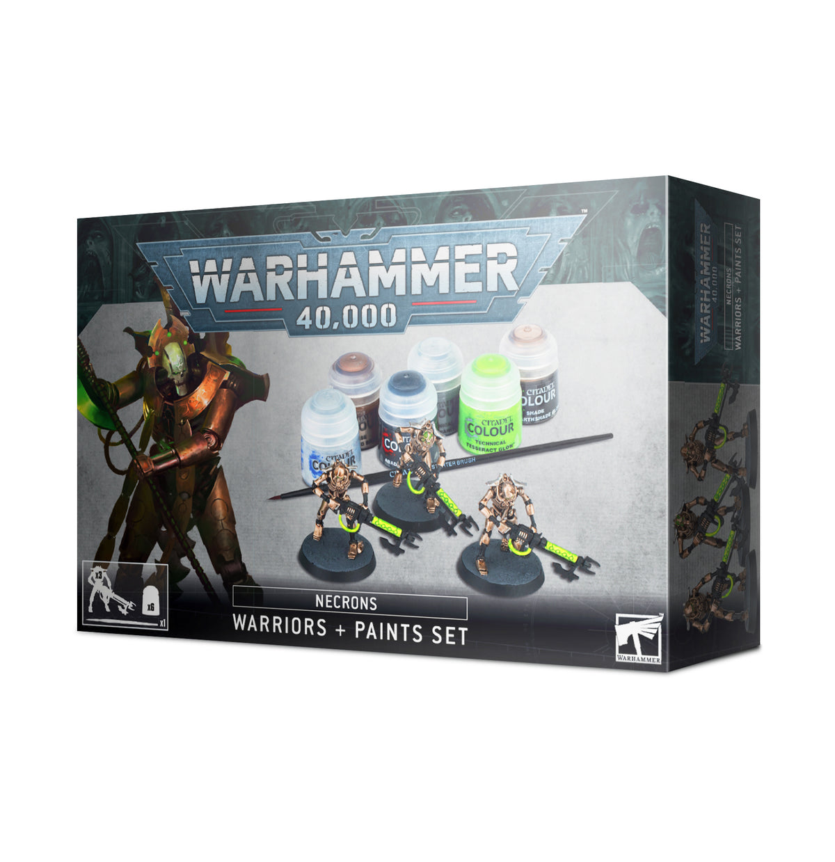Front of a dark gray Warhammer 40,000 Necrons Warriors + Paints Set box, angled to show its right side. The packaging shows three miniature sci-fi warriors, paint pots and a brush, with artwork of a larger armored figure; text reads “WARHAMMER 40,000” and “NECRONS WARRIORS + PAINTS SET”.