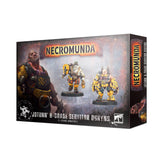 Necromunda miniature set box shown from the front and right side, with artwork of two bulky yellow-armored figures and a larger figure on the front. The box reads “NECROMUNDA” and “JOTUNN’ H-GRADE SERVITOR OGRYNS.”