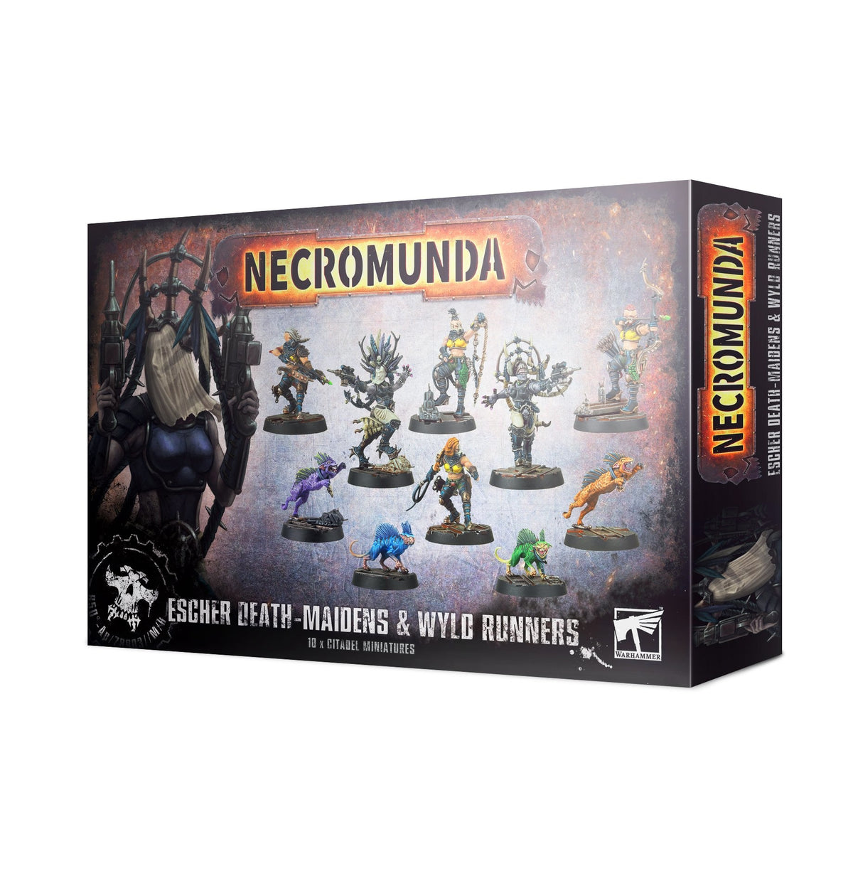 Necromunda miniatures set in a rectangular box, shown from the front and right side; the front depicts armed figures and colorful beasts on a smoky purple-gray background. Text reads “NECROMUNDA” and “ESCHER DEATH-MAIDENS & WYLD RUNNERS.”