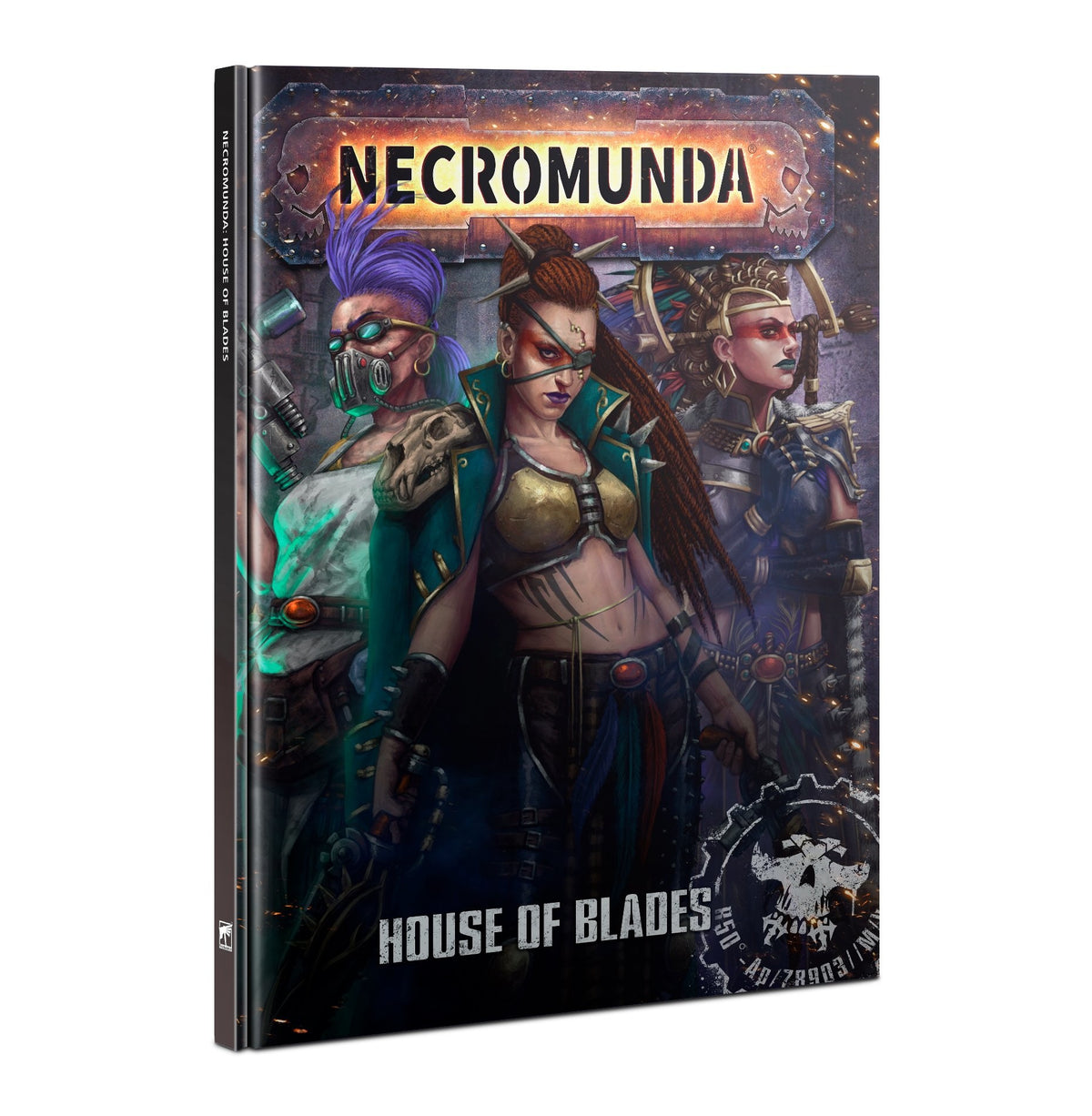 Hardback Necromunda book shown upright, with cover art of three armed women in detailed sci-fi outfits against a dark industrial background. The cover reads “NECROMUNDA” and “HOUSE OF BLADES.”
