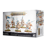 Box of “Vanari Dawnriders” miniatures, shown from the front and right side. The front depicts five ornate armored riders on orange horses with blue-and-white details; text reads “WARHAMMER AGE OF SIGMAR” and “5 CITADEL MINIATURES.”