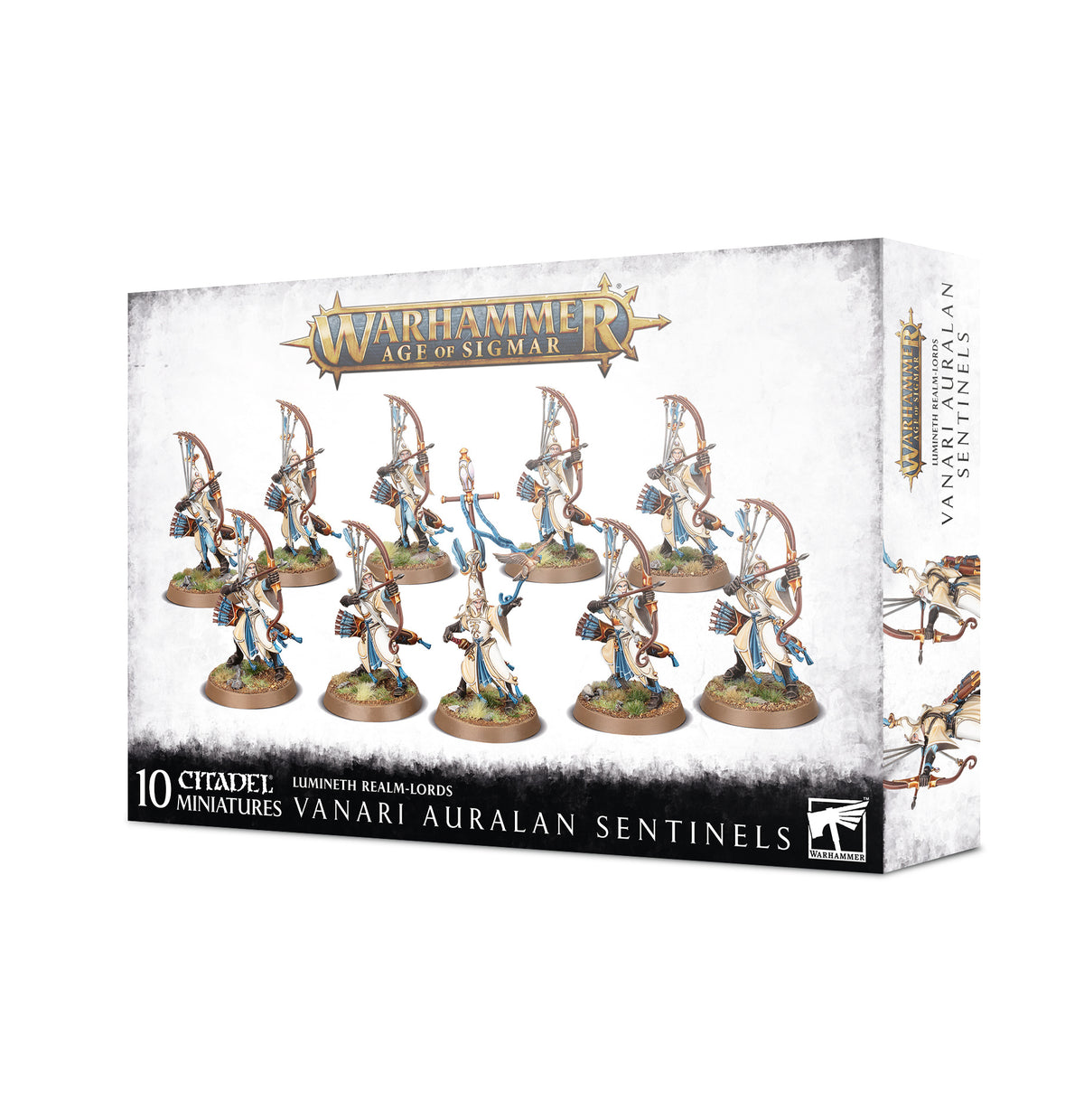 White Warhammer miniature box showing ten cream, blue and gold armored archers on round bases; the narrow side repeats figure artwork. Prominent text reads “WARHAMMER AGE OF SIGMAR” and “VANARI AURALAN SENTINELS.”