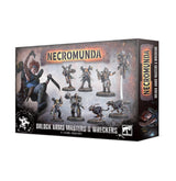 Necromunda miniatures game box shown from the front and right side, with artwork of armored figures and two mechanical hounds. The front reads “NECROMUNDA” and “ORLOCK ARMS MASTERS & WRECKERS” against a weathered gray and rust-colored background.