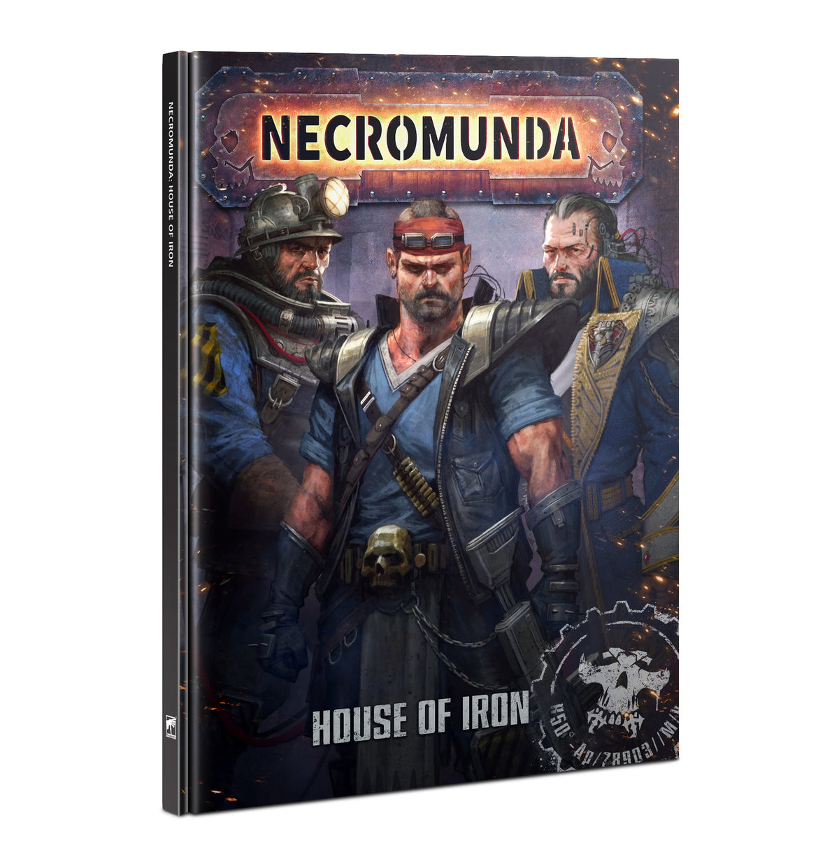 Necromunda: House of Iron hardback book shown upright, with a dark illustrated cover featuring three rugged men in blue clothing and armor. The cover reads “NECROMUNDA” at the top and “HOUSE OF IRON” near the bottom.