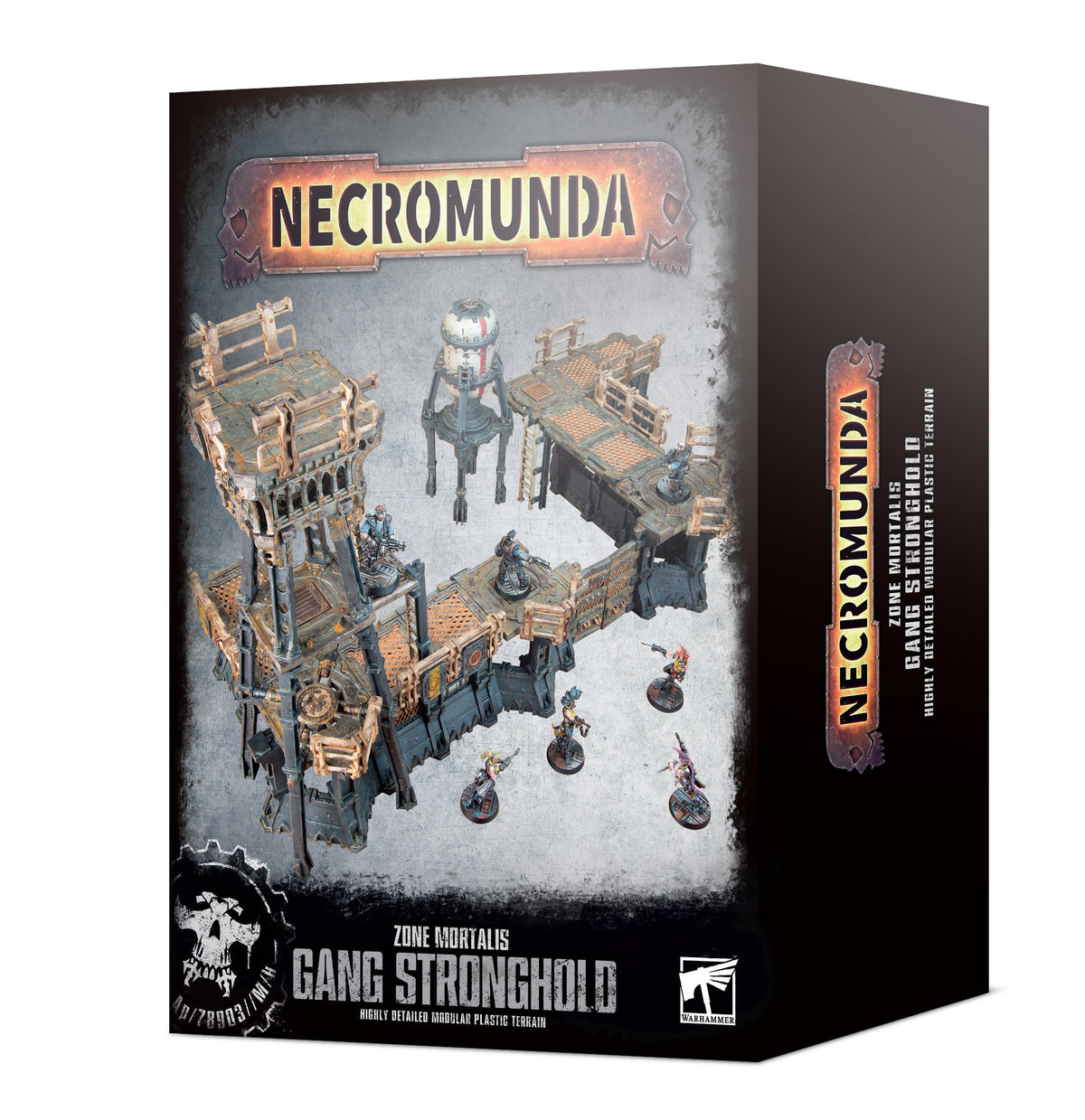 Box for Necromunda: Zone Mortalis Gang Stronghold, shown from the front and right side. The front depicts dark gray industrial terrain with orange-brown details and small figures, beneath “NECROMUNDA” and “GANG STRONGHOLD”; the side repeats the title vertically.