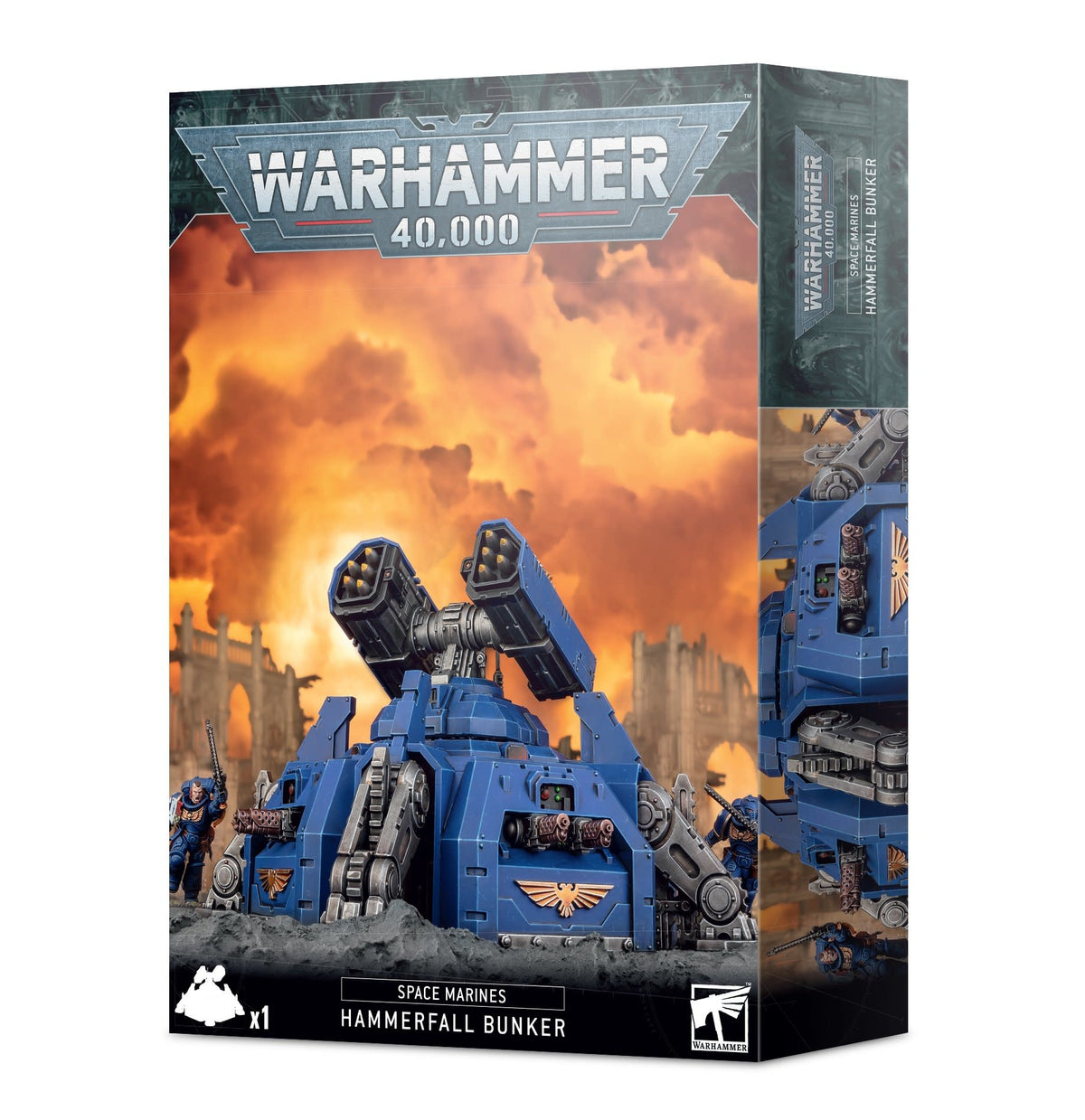 Box for the Space Marines Hammerfall Bunker miniature, showing a blue armored bunker with twin heavy weapons and small blue-armored figures against a fiery battlefield. The front reads “WARHAMMER 40,000” and “SPACE MARINES HAMMERFALL BUNKER”; a narrow side panel shows another bunker view.