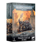 Box for a Space Marines Primaris Chaplain on Bike miniature, with front artwork of a skull-helmeted rider in black and gold armor raising a staff on a rugged bike against fiery ruins. The narrow side repeats the artwork; text reads “WARHAMMER 40,000” and “PRIMARIS CHAPLAIN ON BIKE.”