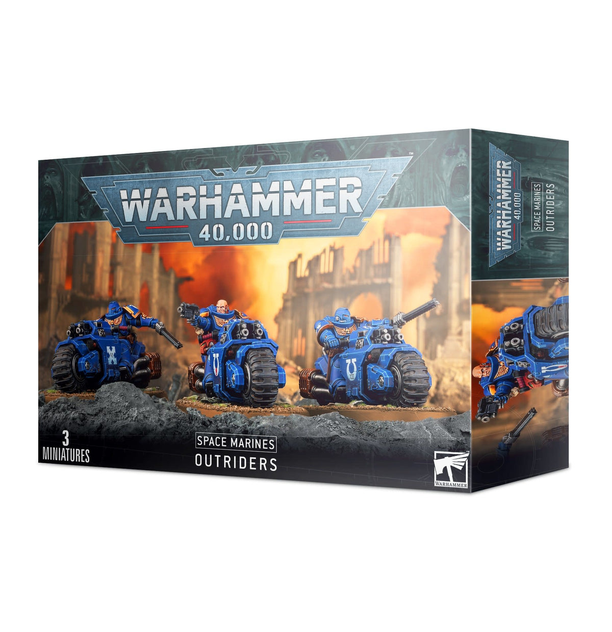 Box for Space Marines: Outriders showing three blue-armored riders on heavy bikes against a fiery battlefield, with a side-panel view of one rider. The front reads “WARHAMMER 40,000,” “SPACE MARINES OUTRIDERS,” and “3 MINIATURES.”