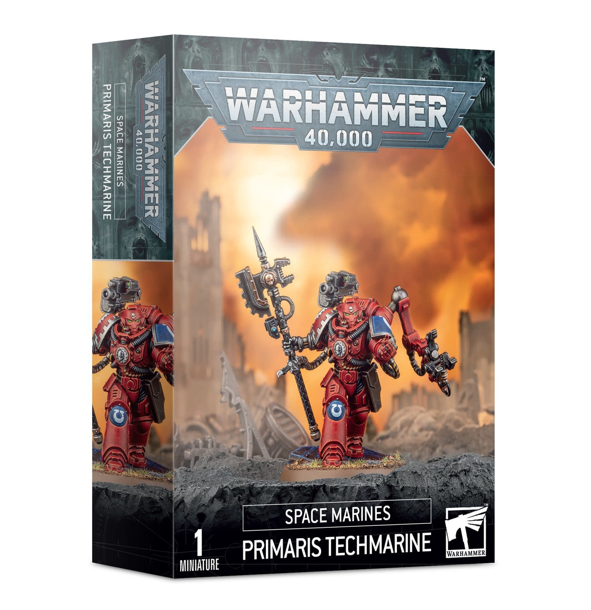 Box for a Space Marines Primaris Techmarine miniature, shown from the front and left side. Artwork depicts a red-armored figure carrying a staff and mechanical arm against an orange battlefield; the box reads “WARHAMMER 40,000,” “SPACE MARINES” and “PRIMARIS TECHMARINE.”