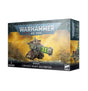 Box for a Necrons Lokhust Heavy Destroyer miniature, shown from the front and right side. The artwork features a dark armored sci-fi figure holding a large weapon with bright green details against a yellow battlefield; the box reads “WARHAMMER 40,000” and “LOKHUST HEAVY DESTROYER.”
