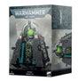 Box for a Necrons Monolith miniature, shown with the front and right side visible. Artwork depicts a dark gray, angular sci-fi structure with glowing green details; the front reads “WARHAMMER 40,000,” “NECRONS MONOLITH,” and “1 MINIATURE.”