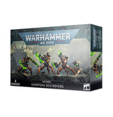 A Warhammer 40,000 Skorpekh Destroyers miniature box shown from the front and right side. Its dark teal and black packaging features four metallic, orange-accented figures with bright green weapons; the front reads “WARHAMMER 40,000,” “NECRONS,” “SKORPEKH DESTROYERS” and “4 MINIATURES.”
