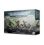 A Warhammer 40,000 Skorpekh Destroyers miniature box shown from the front and right side. Its dark teal and black packaging features four metallic, orange-accented figures with bright green weapons; the front reads “WARHAMMER 40,000,” “NECRONS,” “SKORPEKH DESTROYERS” and “4 MINIATURES.”