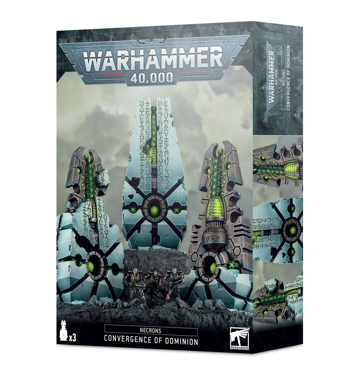 Box front for three Necron fortification miniatures, showing tall blue-gray mechanical pylons with black and bright green details, plus smaller armored figures at their base; the side panels show close-ups. The box reads “WARHAMMER 40,000” and “NECRONS CONVERGENCE OF DOMINION.”