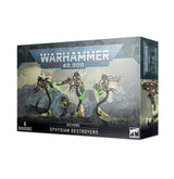 Warhammer 40,000 miniature box shown from the front and right side on a white background, with artwork of skeletal Necrons wielding green-accented weapons. The front reads “WARHAMMER 40,000,” “NECRONS,” “OPHYDIAN DESTROYERS,” and “4 MINIATURES.”