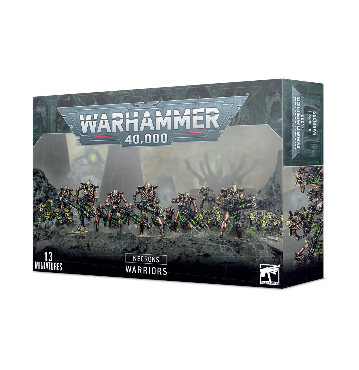 A dark gray Warhammer 40,000 Necrons: Warriors miniature box, shown from the front and right side. Its artwork depicts a line of skeletal armored figures with green accents; the front reads “WARHAMMER 40,000,” “NECRONS WARRIORS,” and “13 MINIATURES.”