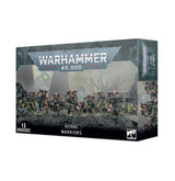 A dark gray Warhammer 40,000 Necrons: Warriors miniature box, shown from the front and right side. Its artwork depicts a line of skeletal armored figures with green accents; the front reads “WARHAMMER 40,000,” “NECRONS WARRIORS,” and “13 MINIATURES.”
