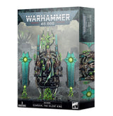 Angled Warhammer 40,000 miniatures box showing a skeletal armored figure seated on a black throne, with turquoise-and-green energy weapons on either side; side panel shows additional artwork. The box reads “WARHAMMER 40,000,” “NECRONS” and “SZAREKH, THE SILENT KING.”