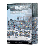 Box for a Space Wolves: Combat Patrol miniature set, shown from the front and right side. The artwork depicts blue-armored soldiers and a large walker in a snowy scene; the front reads “WARHAMMER 40,000,” “COMBAT PATROL,” and “SPACE WOLVES.”