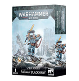 Angled box for a Warhammer 40,000 miniature, with a blue-gray armored warrior holding a raised yellow sword amid snowy ruins; the narrow side panel repeats the character artwork. Text reads “WARHAMMER 40,000,” “SPACE WOLVES” and “RAGNAR BLACKMANE.”