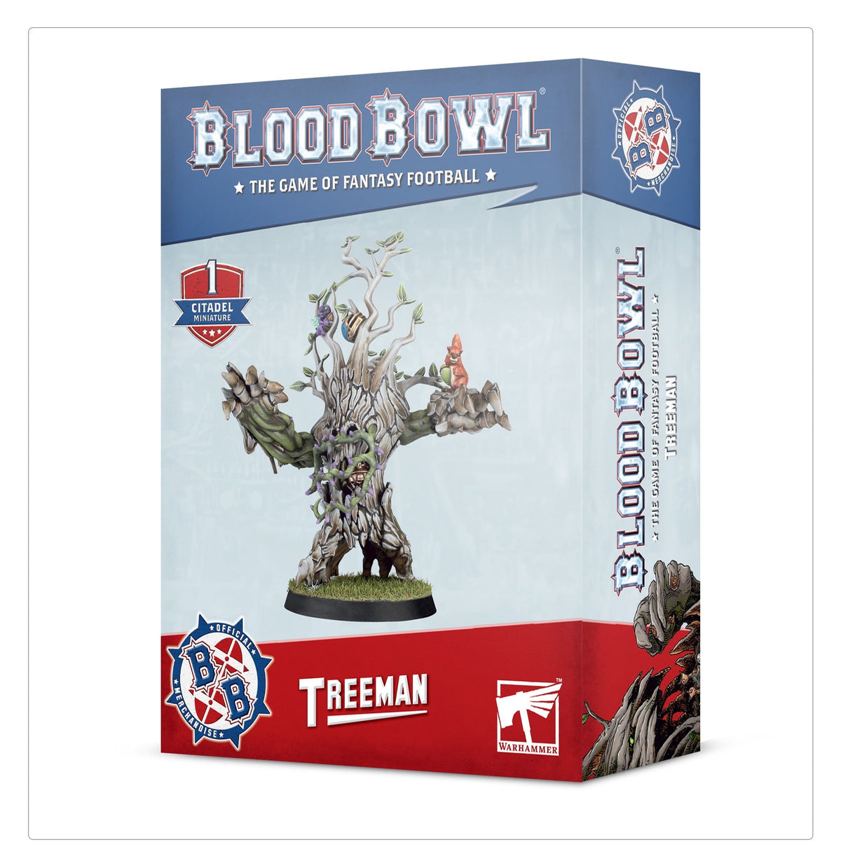 Box for a Blood Bowl Treeman miniature, shown at an angle with the front and right side visible. The blue-and-red package features artwork of a branch-covered tree creature with small figures perched on its limbs and the text “BLOOD BOWL” and “TREEMAN.”