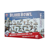 Blood Bowl: Necromantic Horror Team game box shown from the front and right side, with artwork of fantasy football miniatures and monster characters. The blue, gray, and red box prominently reads “BLOOD BOWL” and “NECROMANTIC HORROR BLOOD BOWL TEAM.”