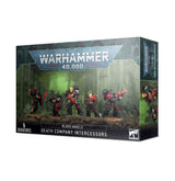 Boxed Warhammer miniature set shown from the front and right side, with artwork of five black-armored soldiers marked in red. The box reads “WARHAMMER 40,000,” “BLOOD ANGELS,” “DEATH COMPANY INTERCESSORS” and “5 MINIATURES.”