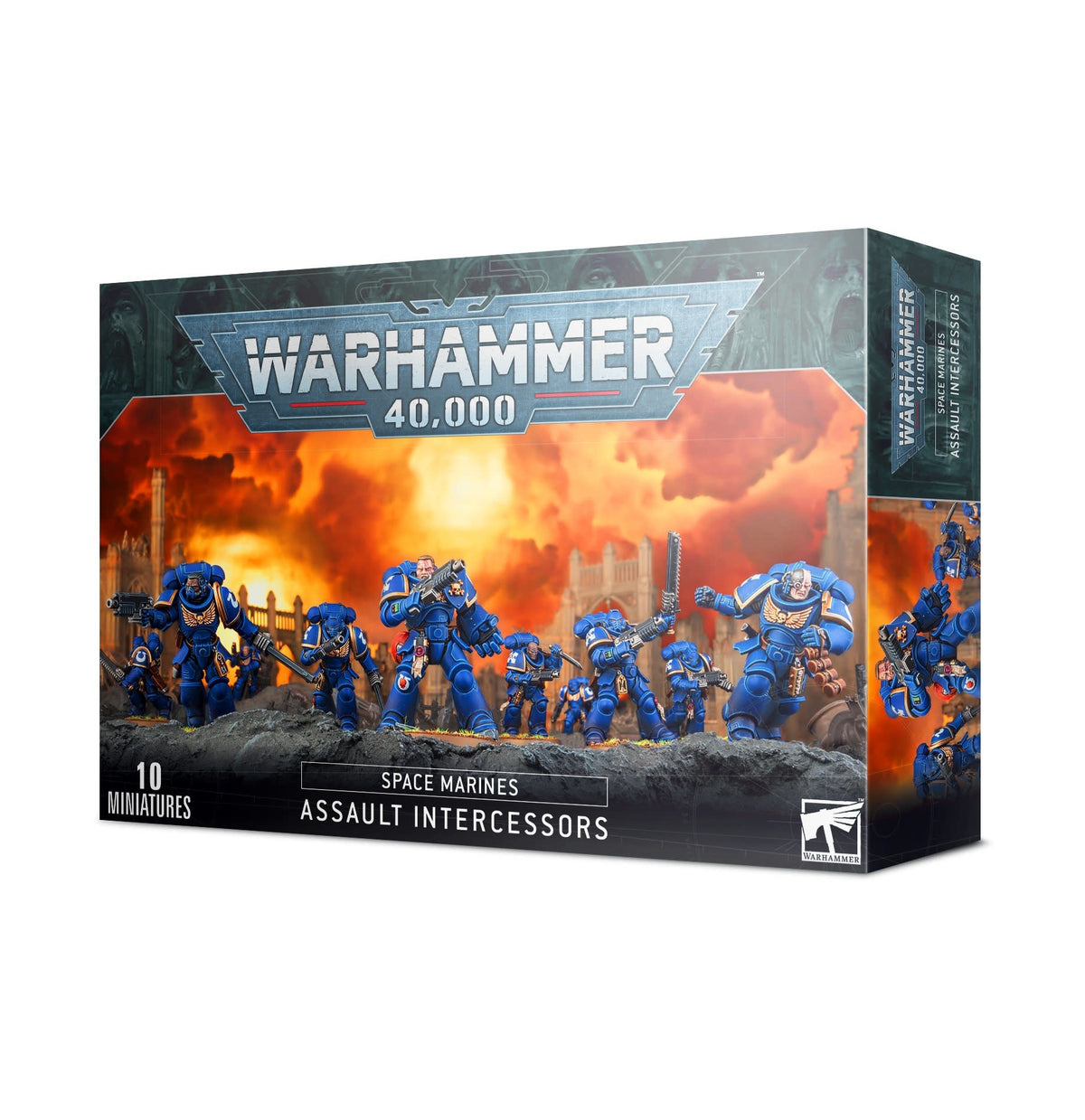 Box for a set of blue-armored Space Marine miniatures, shown from the front and right side against a white background. The artwork depicts warriors on an orange, fiery battlefield; the front reads “WARHAMMER 40,000,” “SPACE MARINES” and “ASSAULT INTERCESSORS.”