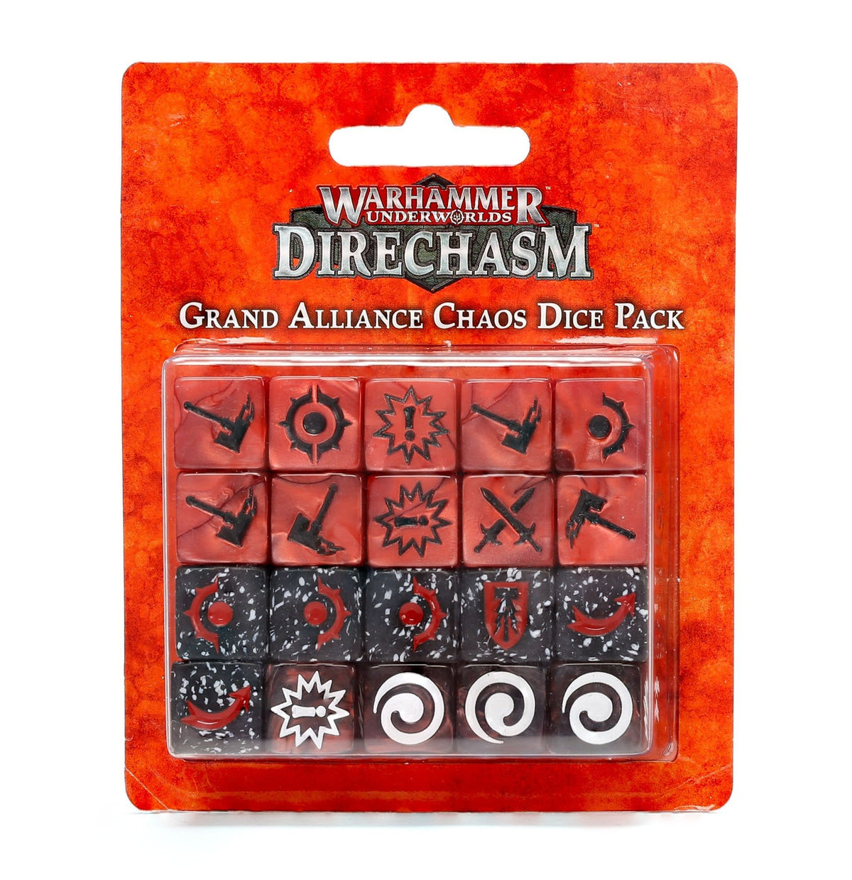 A blister pack of 20 square-edged Warhammer Underworlds dice arranged in four rows of five: red dice with black symbols above dark speckled dice with red, white and black symbols. The orange-red backing reads “WARHAMMER UNDERWORLDS,” “DIRECHASM” and “GRAND ALLIANCE CHAOS DICE PACK.”